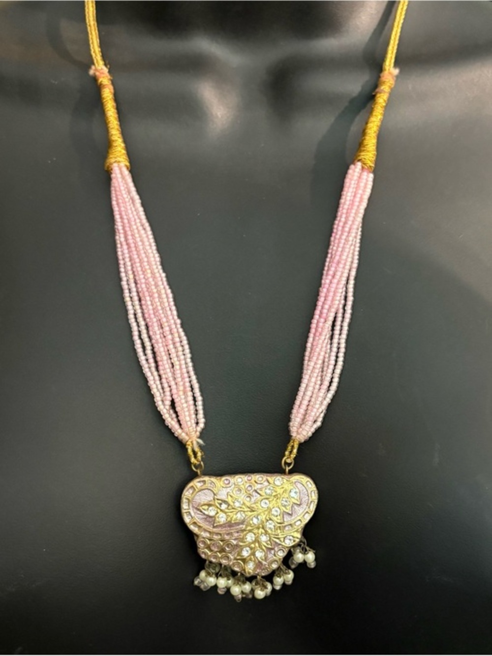 Indian Kundan Meenakari Multi Strand Beaded Necklace Pink Gold Festive Wedding